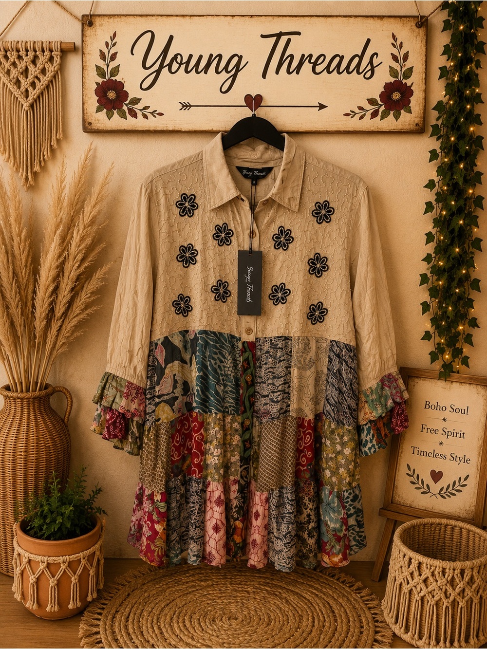 Young Threads Beige Patchwork Boho Tunic with Embroidered Flowers